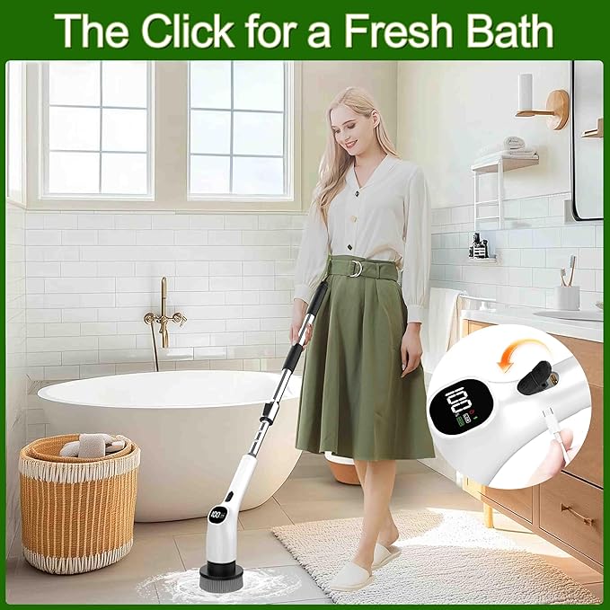 Electric Spin Scrubber, Shower Scrubber with Long Handle Adjustable LCD Display, 2 Speed Shower Cleaner, 7 Replaceable Brush Heads Bathroom Cleaning Brush, Bath Tub Power Scrubbers White G3