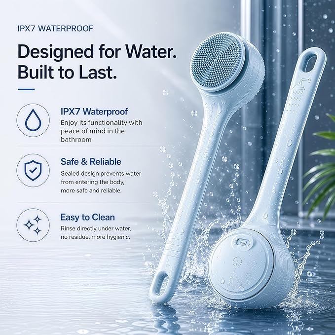 Electric Body Brush Back Scrubber for Shower, Waterproof Long Dual Handle Power Body Scrubber with 4 Heads, Rechargeable Bath Brush & 2 Speeds, for Cleansing, Exfoliating and Massaging Skin
