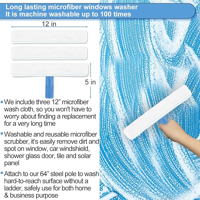 AMERWASH PLUS Window Squeegee Washing Kit for Shower Glass Door, Mirror and Window Cleaning, Extra 14'' Wide Squeegee and 2 Microfiber Scrubbers Included (Extension Pole not Included)