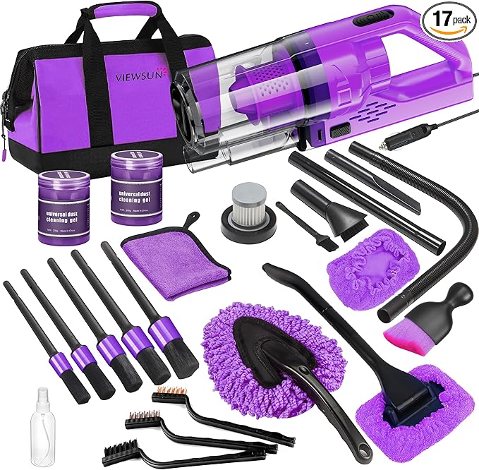 17PCS Car Cleaning Kit, Purple Car Interior Detailing Kit with High Power Handheld Vacuum, Detailing Brush Set, Windshield Cleaner, Cleaning Gel, Complete Auto Accessories for Women Gift