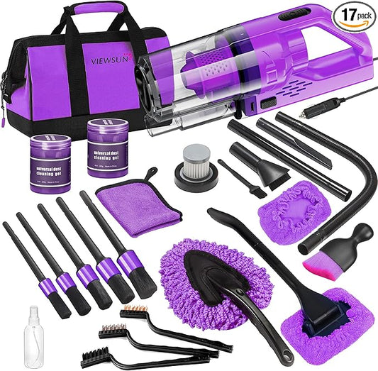 17PCS Car Cleaning Kit, Purple Car Interior Detailing Kit with High Power Handheld Vacuum, Detailing Brush Set, Windshield Cleaner, Cleaning Gel, Complete Auto Accessories for Women Gift