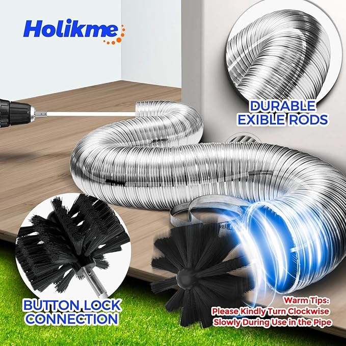 Holikme 25 Feet Dryer Vent Cleaner Kit, Flexible Lint Brush with Drill Attachment, Fireplace Chimney Brushes Extends Up to 25 Feet for Easy Cleaning, Use with or Without a Power Drill