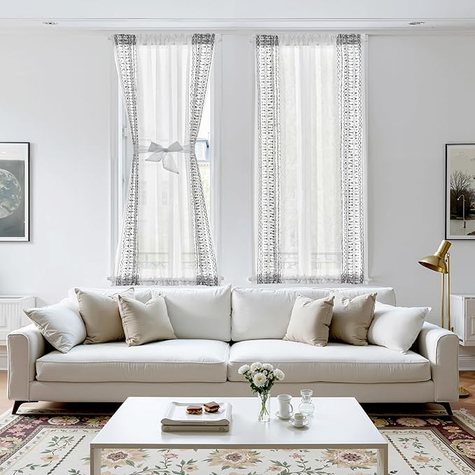jinchan French Door Curtain Privacy Boho Embroidered Semi Sheer Voile Front Curtain for Window Doorway Closet, Door Panel with Tieback Rod Pocket 1 Panel (Grey on White, 55W x 72 L Inch)