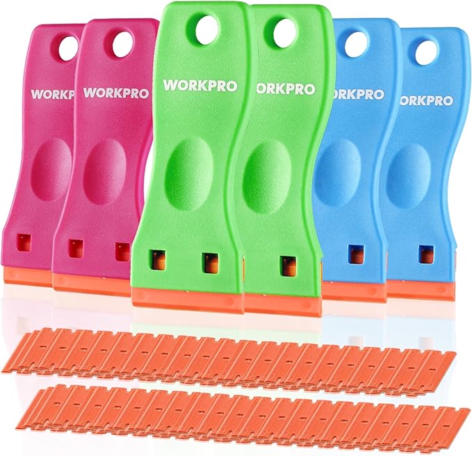 WORKPRO 6-Piece Plastic Razor Blade Scraper with 120 Pcs Plastic Razor Blades, for Gasket Remover, Labels Decal and Adhesive Remover for Windows and Glass