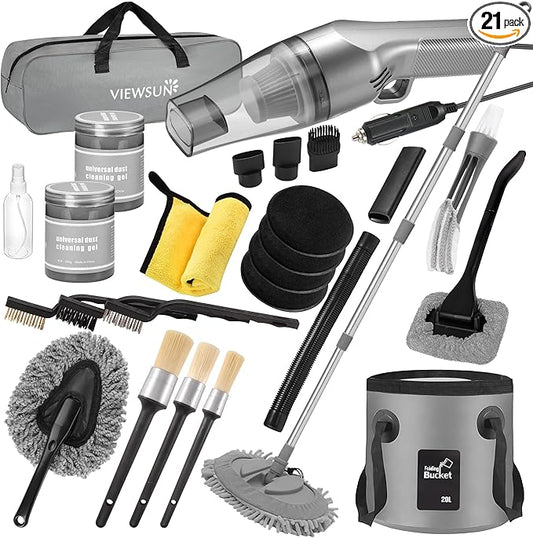 21Pcs Car Cleaning Kit with High Power Handheld Vacuum, Car Wash Mop with Long Handle, Bucket, Detailing Brush Set, Windshield Cleaner, Complete Interior Exterior Washing Supply for Men Women