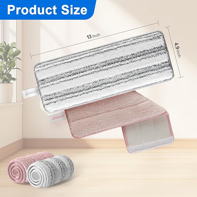 JOYMOOP Microfiber Replacement Pads for 13-Inch Flat Mop and Bucket System, Reusable Refills, Pack of 2, Stripe and Pink
