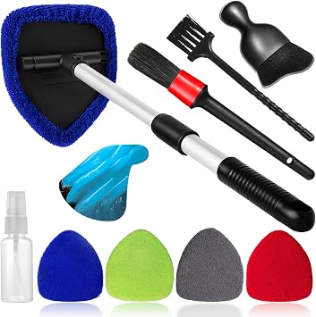 Qydipclin 10pcs Windshield Cleaner Tool, Car Window Cleaning Wash Kit with 4 Reusable Microfiber Pads 1 Spray Bottle and