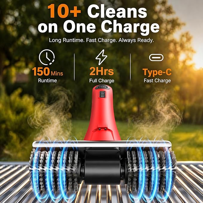 Electric Grill Brush for Outdoor Grill, Cordless BBQ Grill Cleaner with Dual Rotating Heads, 450 RPM Motorized Grill Cleaning Brush with Forward & Reverse, 6-Piece Replaceable Brush Set