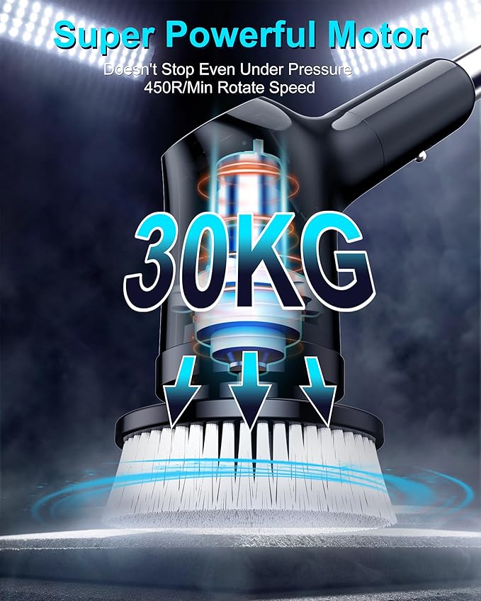 Shower Scrubber with Long Handle for Cleaning Bathroom, Electric Spin Scrubber Cleaning Brush with IPX7 Waterproof & 2Speed, 3Brush Heads, Bathroom Cleaning Supplies for Shower Tub Tile Toilet, Black