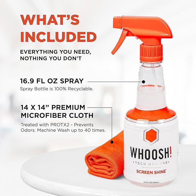WHOOSH! Pro 16.9 fl oz Refillable TV Screen Cleaner & Microfiber Cloth - Streak-Free Cleaner for Flat Screens, OLED, LCD, Smart TV, Monitors - Non-Toxic, Odorless - Electronics Cleaning Kit