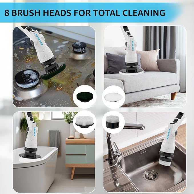 Electric Spin Scrubber, 3-Speed Power Scrubber for Cleaning Bathroom, 6-Angle Adjustable Head Cordless Scrubber with 8 Brush Heads & Long Handle, LCD Display Shower Scrubber for Grout Tile Floor Tub