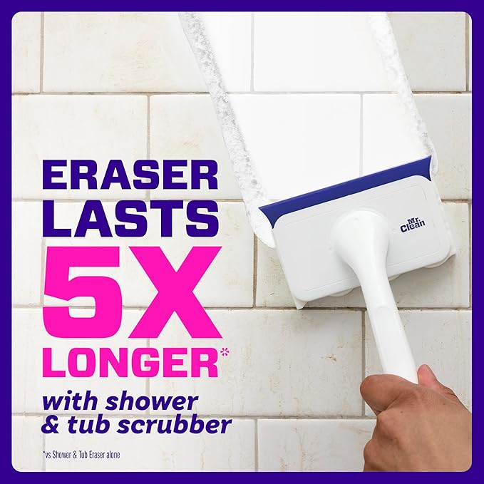 Mr. Clean Magic Eraser Shower & Tub Scrubber, Bathroom Cleaner, All in One Bathroom Cleaner, Lemon Starter Kit, 2 Scrubber, 5 Foaming Magic Erasers, 1 Whole Home Extra Durable Magic Eraser