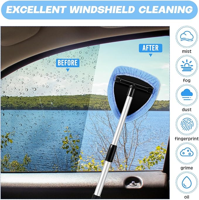 Potchen 8 Pcs Car Windshield Cleaner Tool Kit with Extendable Handle, Microfiber Towel Pads, Brush, Empty Spray Bottle for Auto Glass Wiper Suvs Rvs & Home Windows(Light Blue)