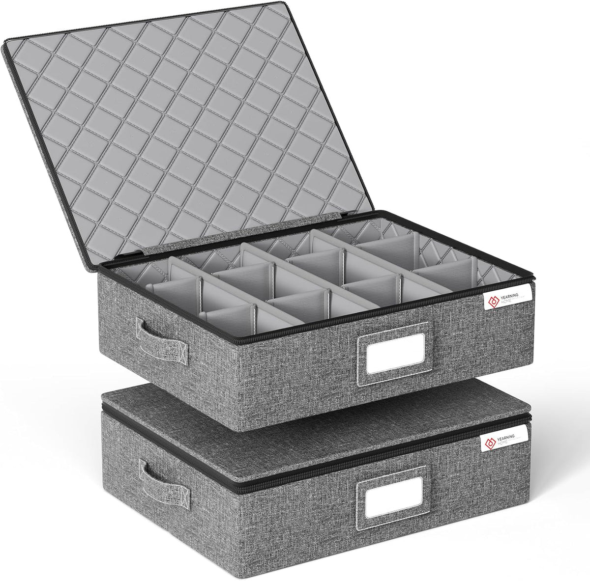 Cup and Mug Storage Box 2 Pack with Hard Shell and Dividers for Coffee Mugs,Tea Cups and Glasses,Stackable Storage Organizers with Lid,Handles,Zips and Label for Moving,Holds 24, Grey