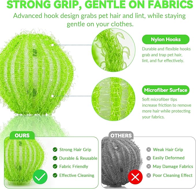 6 Pack Pet Hair Remover for Laundry, Reusable Dog & Cat Hair Catcher, Washer & Dryer Safe Laundry Balls, Anti-Tangle Design, Helps Remove Lint & Fur from Clothes, Bedding & Blankets (Green White)