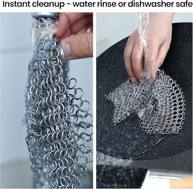 TOPULORS 316 Stainless Steel Cast Iron Skillet Cleaner Scraper Chain Link Chainmail Scrubber for Cast Iron Pans, Pre-Seasoned Pans, Griddle Pans, BBQ Grills, and More Pot Cookware-Round 7 in Diameter