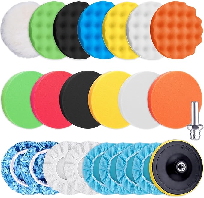 SIQUK 23 Pieces 6 Inch Buffing Pads Car Polisher Bonnets Foam Polishing Pad Kit Wax Buffer Polish Pads Car Buffer Attach