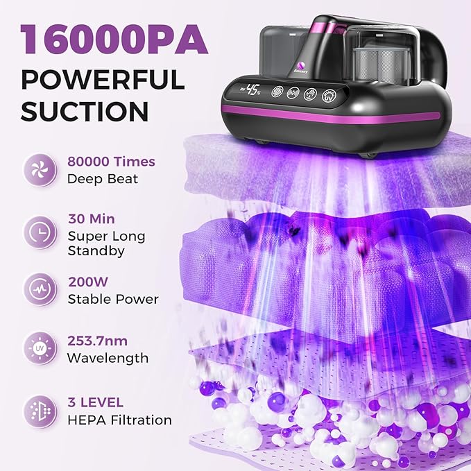 Amzany Mattress Vacuum Cleaner - 5-in-1 Cordless Bed Vacuum Cleaner, Powered by Ultrasonic Technology, 16Kpa Strong Suction,Low Noise,Suitable for Dust, Pet Hair, Etc - Gray Purple
