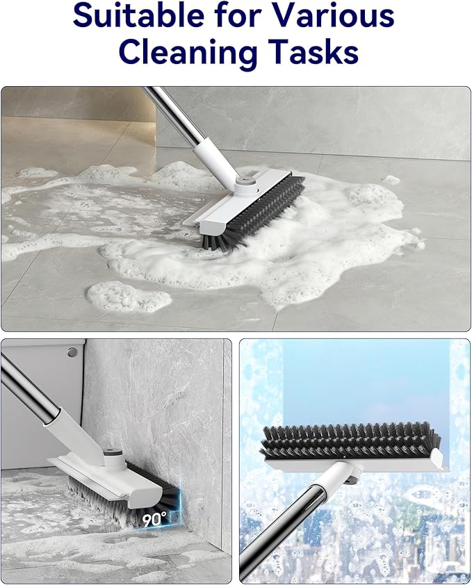 Small Floor Scrub Brush with Length Adjustable Long Handle, 3 in 1 Heavy-Duty Stiff Bristle Scrubber Brush with Squeegee and Tweezer for Cleaning Bathroom, Tile, Deck, Patio, Garage and Kitchen