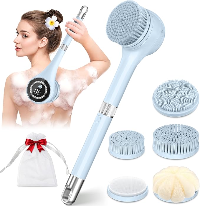 Electric Body Brush Back Scrubber for Shower, Waterproof Rechargeable Auto Bath Brush with Long Handle, 5 Replaceable Heads & 3 Speeds, Deep Cleansing Exfoliating Massage Spin Scrubber for Men & Women