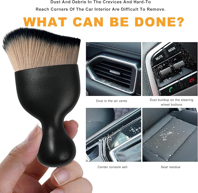Car Interior Detailing Brush, Curved Car Interior Cleaning Brush with Ultra Soft Bristles & Dust Cover, Scratch-Free Auto Dusting Brushes for Dashboard AC Vent Leather (Brown & Black)
