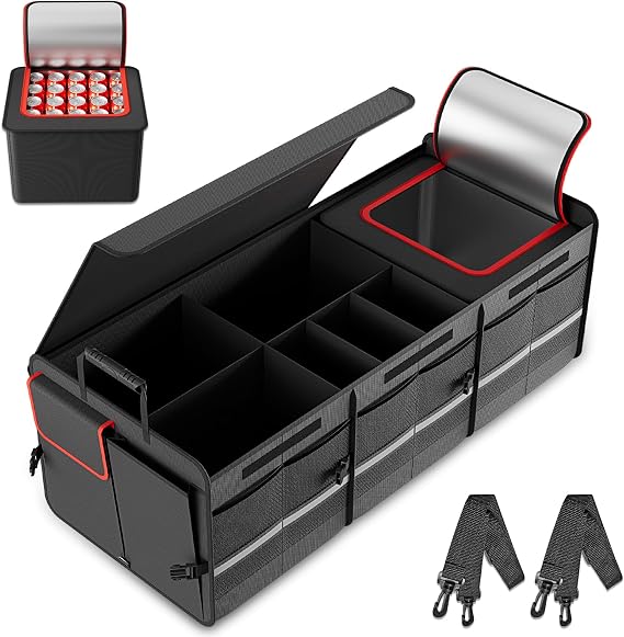 MEI&CO Car Trunk Organizer - 2.5mm PP Board Built, 35L Leakproof Cooler, 105L Capacity, 2 Tie-Down Straps, 4 Adjustable 
