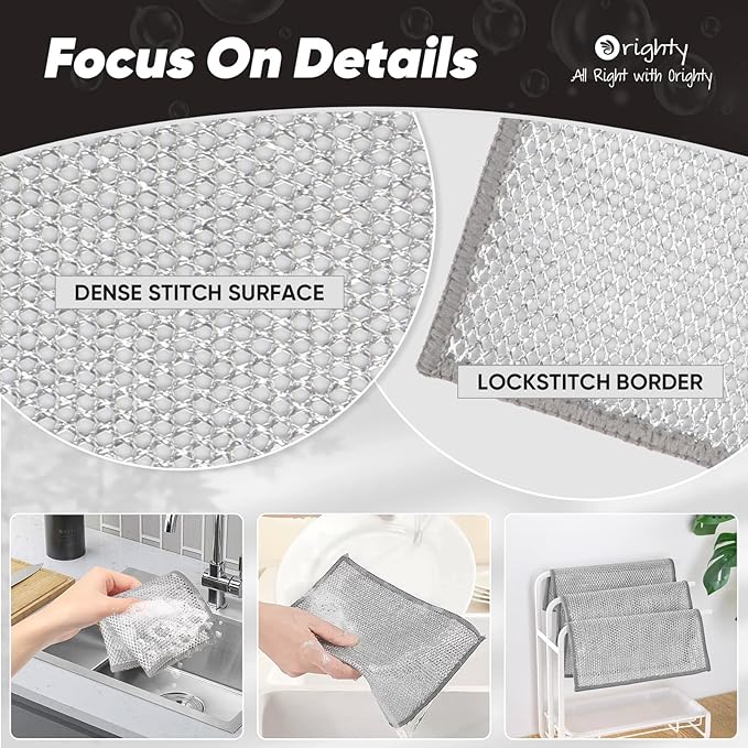 Orighty Multipurpose Wire Dishwashing Rag, 48 Pcs Non-Scratch Wire Dish Cloths for Wet and Dry, Reusable Steel Scrubber Dish Rags for Kitchen, Cookware, Stove Cleaning, 7"x8", Silver