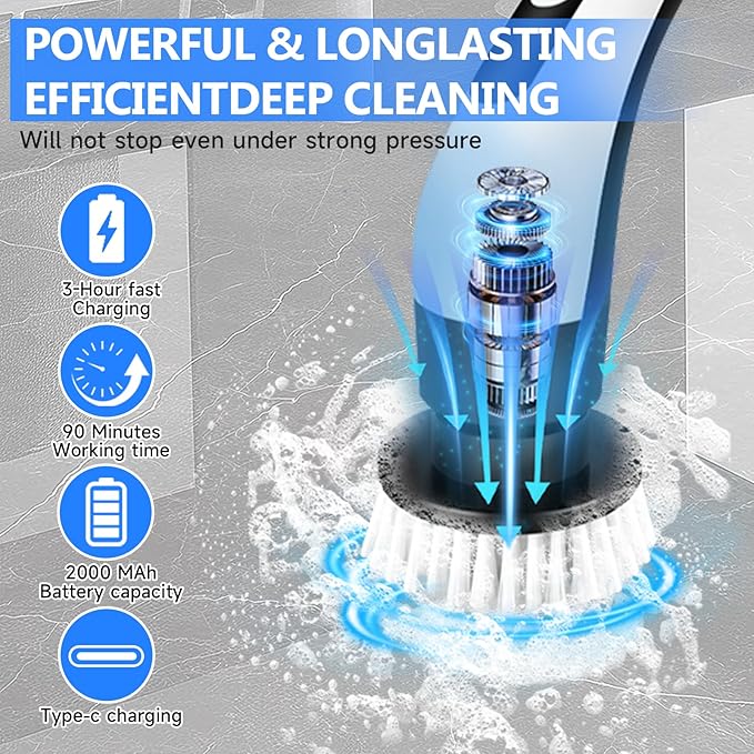 Cordless Electric Spin Scrubber with 8 Brush Heads Power Handheld Scrubber Cleaning & Shower with Adjustable Handle, IPX7 Waterproof for Shower Tile Grout Tub Tile Floor Bathroom Cleaning