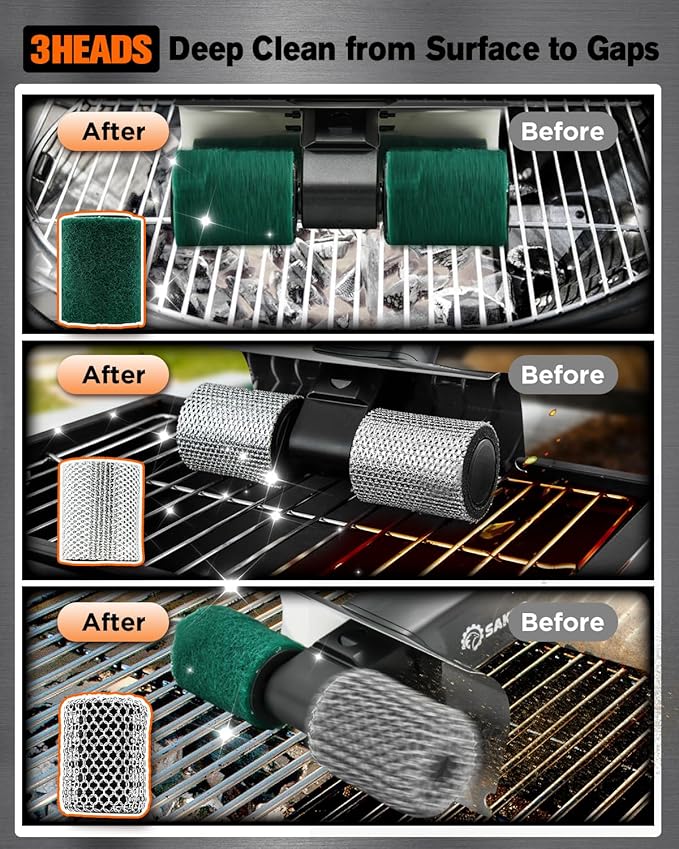 Saker Electric Grill Brush, 450 RPM Automatic BBQ Cleaning Tool with LED Light & 3 Interchangeable Heads – Cordless, Bristle-Free Grill Scrubber for Outdoor Cooking Accessories