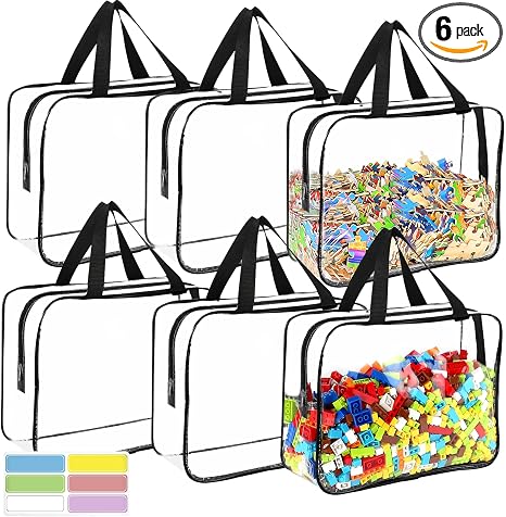 6 Packs Large Toy Storage Bags with Labels, Reusable Clear PVC Board Game Storage, Travel Waterproof Organizer Bags with