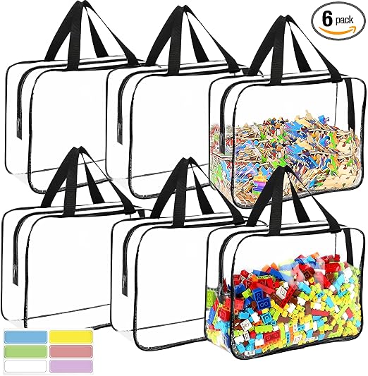 6 Packs Large Toy Storage Bags with Labels, Reusable Clear PVC Board Game Storage, Travel Waterproof Organizer Bags with