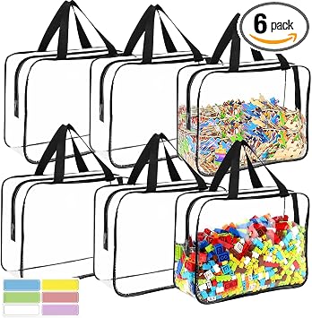 6 Packs Large Toy Storage Bags with Labels, Reusable Clear PVC Board Game Storage, Travel Waterproof Organizer Bags with