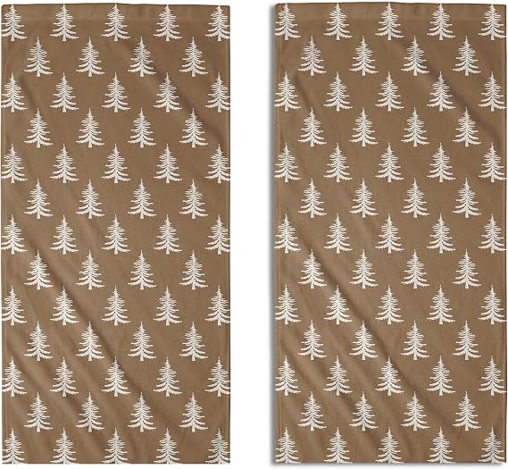 Brown Christmas Hand Towels for Bathroom Set of 2 White Xmas Tree Print Holiday Themed Decorative Handtowels Soft Absorb