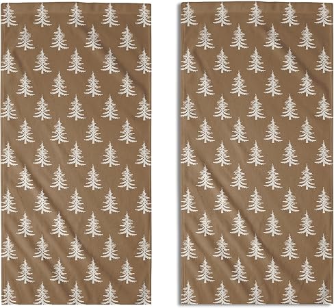Brown Christmas Hand Towels for Bathroom Set of 2 White Xmas Tree Print Holiday Themed Decorative Handtowels Soft Absorb