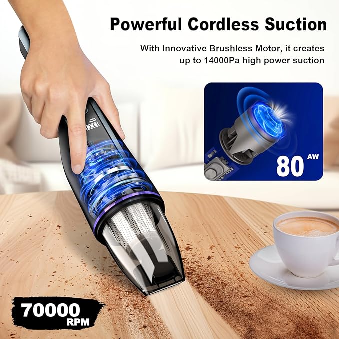 DRECELL Handheld Vacuum Cleaner, Car Vacuum with Brushless Motor & 14000Pa Powerful Suction,1.2Lbs Lightweight, LED Light, Slim Mini Vacuum Cleaner for Car Home Office Pet Hair
