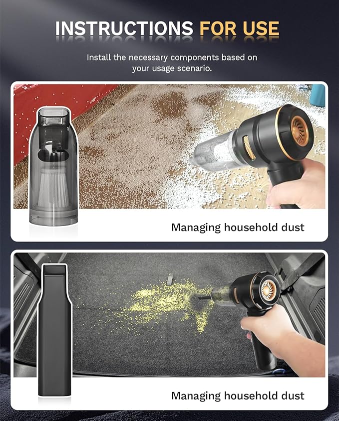 Foldable Cordless Handheld Car Vacuum Cleaner, 15000PA High Power 2-in-1 Mini Vacuum Duster & Inflator, with 3-Speed Brushless Motor for Car Care, Home, Office, Pet