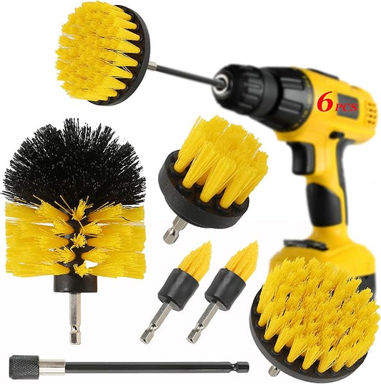 6Pcs Drill Brush Cleaning Kit with Extendable Rod, Yellow Power Scrubber Attachments for Shower, Tub, Tile, Grout, Kitchen and Car (Yellow-6pcs)