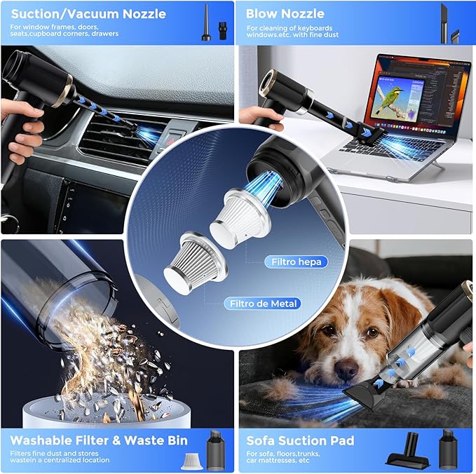 Handheld Cordless Vacuum Cleaner, Black, 24000Pa Suction, 3 Cleaning Modes, 7800mAh Battery, Vacuum/Blower/inflator Design, brushless Motor, USB-C Rechargeable