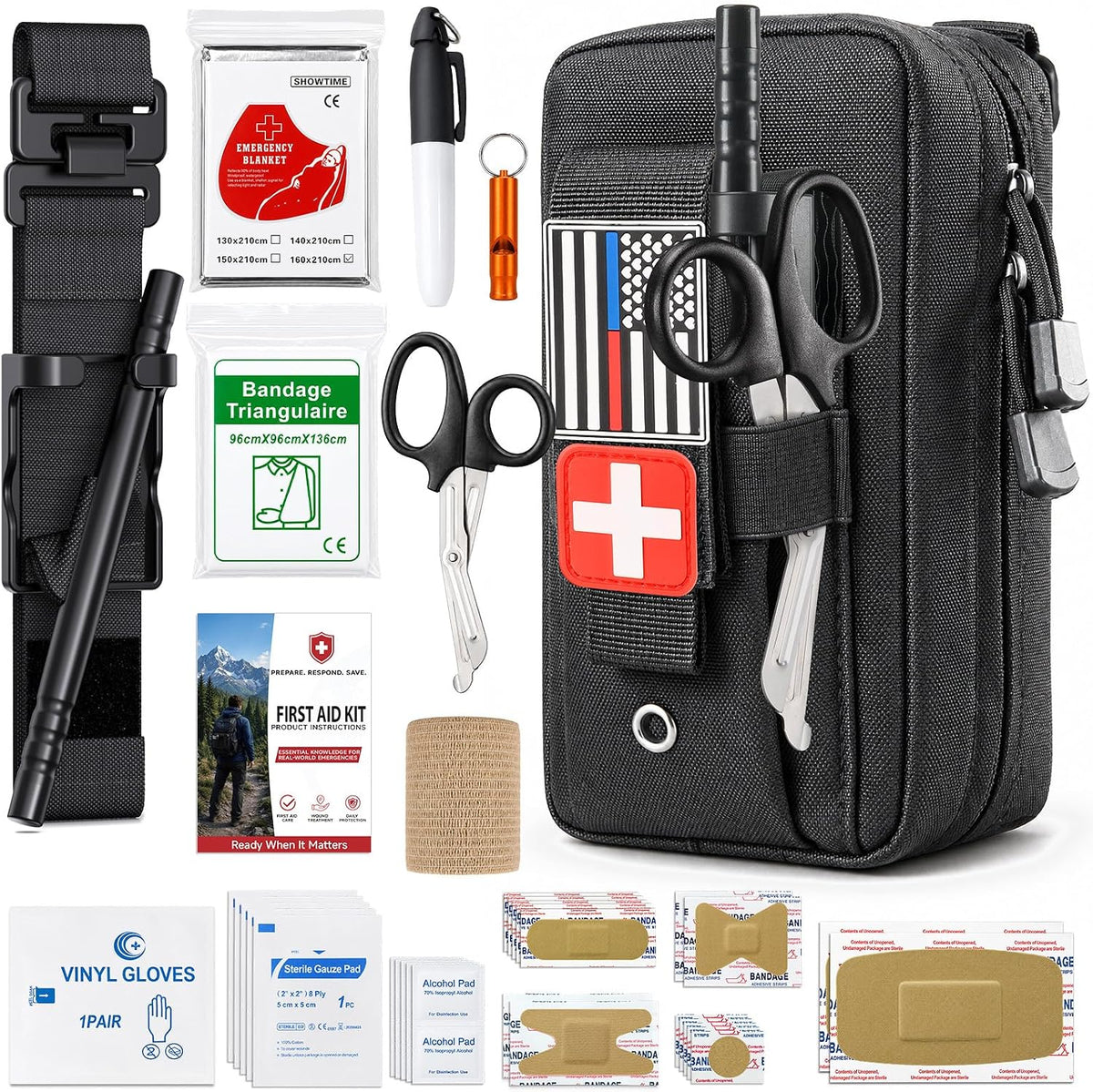 IFAK Trauma First Aid Kit with Tourniquet, Compact Bleeding Control Kit MOLLE Pouch and Wound Care Supplies for Car, Hiking, Range and Outdoor