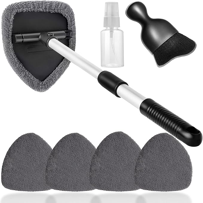 Qydipclin 7pcs Windshield Cleaner Tool Car Window Cleaning Wash Kit with 4 Reusable Microfiber Pads 1 Spray Bottle and Extendable Handle Auto Glass Wiper Kit, Gray