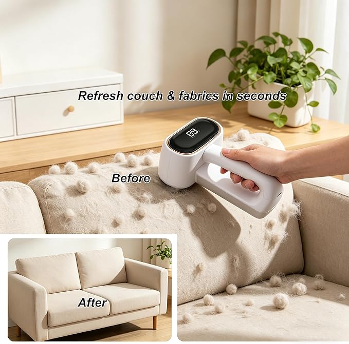 Fabric Shaver Lint Removers Rechargeable Sweater Shaver with Dual Head & LCD Display for Clothes Couch Pilling Furniture, 6-Leaf Blades Defuzzer, Pearl White, 1 Piece.