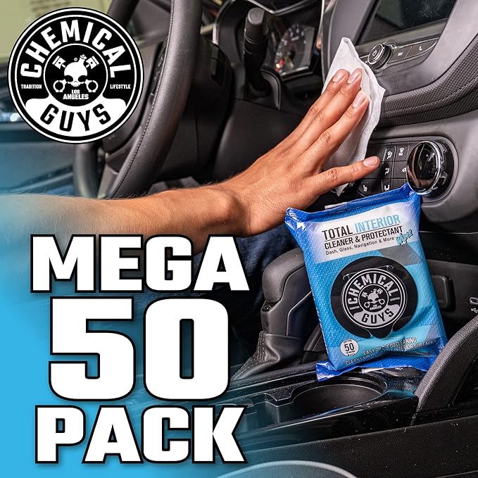 Chemical Guys PMWSPI22050 Total Interior Cleaner & Protectant Wipes Mega 100 Pack, Safe for Cars, Trucks, SUVs, Jeeps, Motorcycles, RVs & More ( 50 Ct)