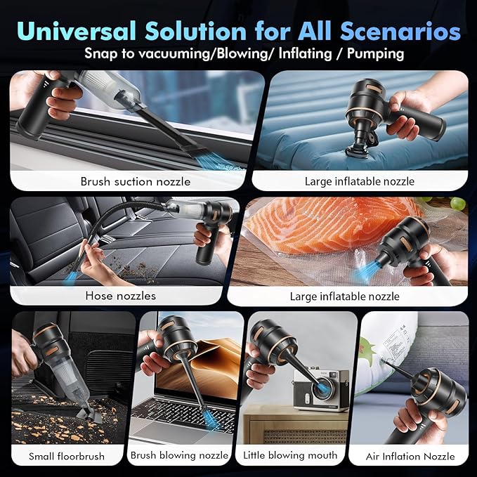 80,000RPM Cordless Car Vacuum & Air Duster 4-in-1 High Power 20000PA Handheld Blower/Pump with Brushless Motor, LED Power Display, 3 Speed for Home/Camping/Pet Hair (Black Gold)