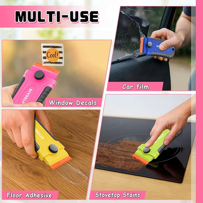 DIYSELF 2 Pcs Plastic Razor Blade Scraper with 10 Pcs Blades, Plastic Scraper Tool for Adhesive Remover, Scrapers for Cleaning Stickers, Decals, Glass, Windows, Car, No Scratches (Yellow)