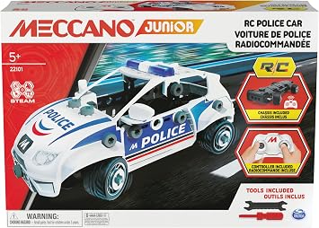MECCANO Junior, RC Police Car with Working Trunk and Real Tools, Toy Model Building Kit, STEM Toys for Kids Ages 5 and u