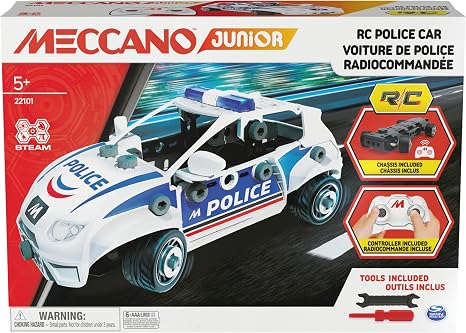 MECCANO Junior, RC Police Car with Working Trunk and Real Tools, Toy Model Building Kit, STEM Toys for Kids Ages 5 and u