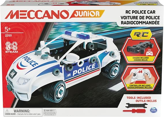 MECCANO Junior, RC Police Car with Working Trunk and Real Tools, Toy Model Building Kit, STEM Toys for Kids Ages 5 and u
