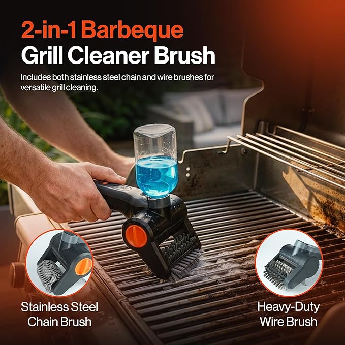 Electric Grill Brush Cordless Rechargeable with Soap Dispenser, Automatic Outdoor BBQ Electric Grill Cleaner Brush Including Interchangeable Stainless Steel Wire & Bristle Free Chain Brush