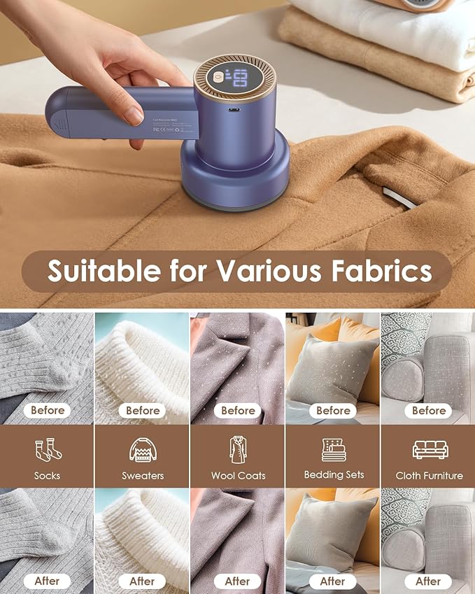 Fabric Shaver Fuzz Remover Rechargeable, HOMEASY Electric Lint Remover Shaver with 3 Blades & LED Digital Display, Sweater Couch Fabric Pill Shaver for Sweater, Couch, Furniture (Purple)