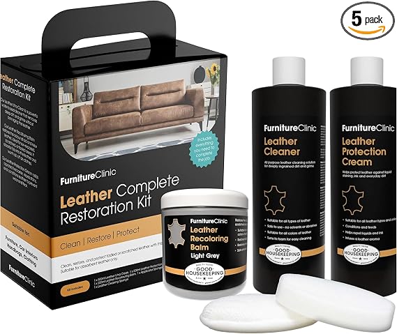 Furniture Clinic Leather Complete Restoration Kit | with Leather Recoloring Balm, Cleaner, 2-in-1 Protection Cream & Con